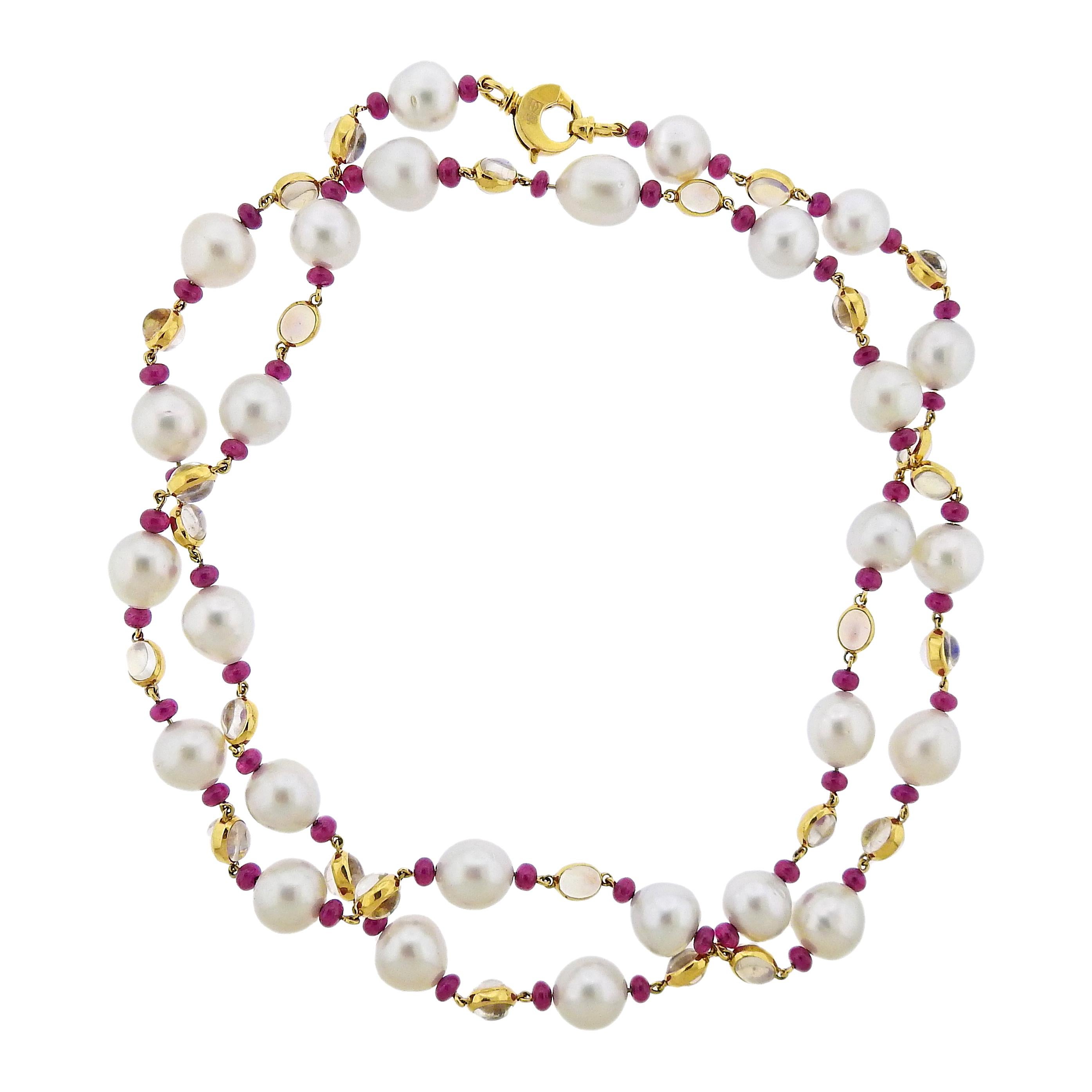 Assael Prince Dimitri South Sea Pearl 81 Carat Ruby Moonstone Gold Long Necklace For Sale