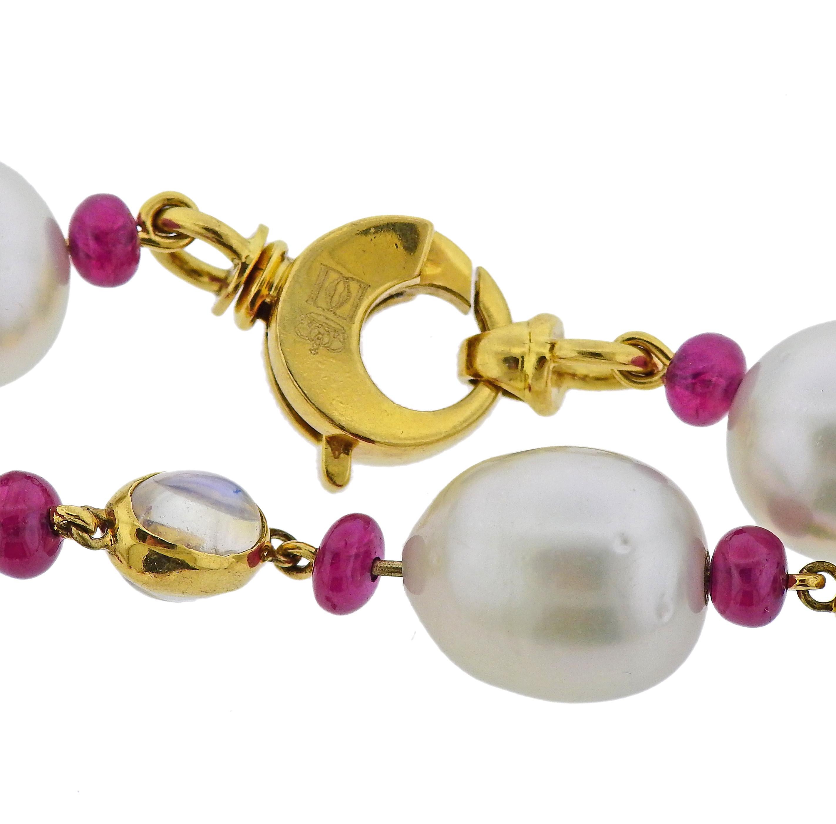 Bead Assael Prince Dimitri South Sea Pearl 81 Carat Ruby Moonstone Gold Long Necklace For Sale