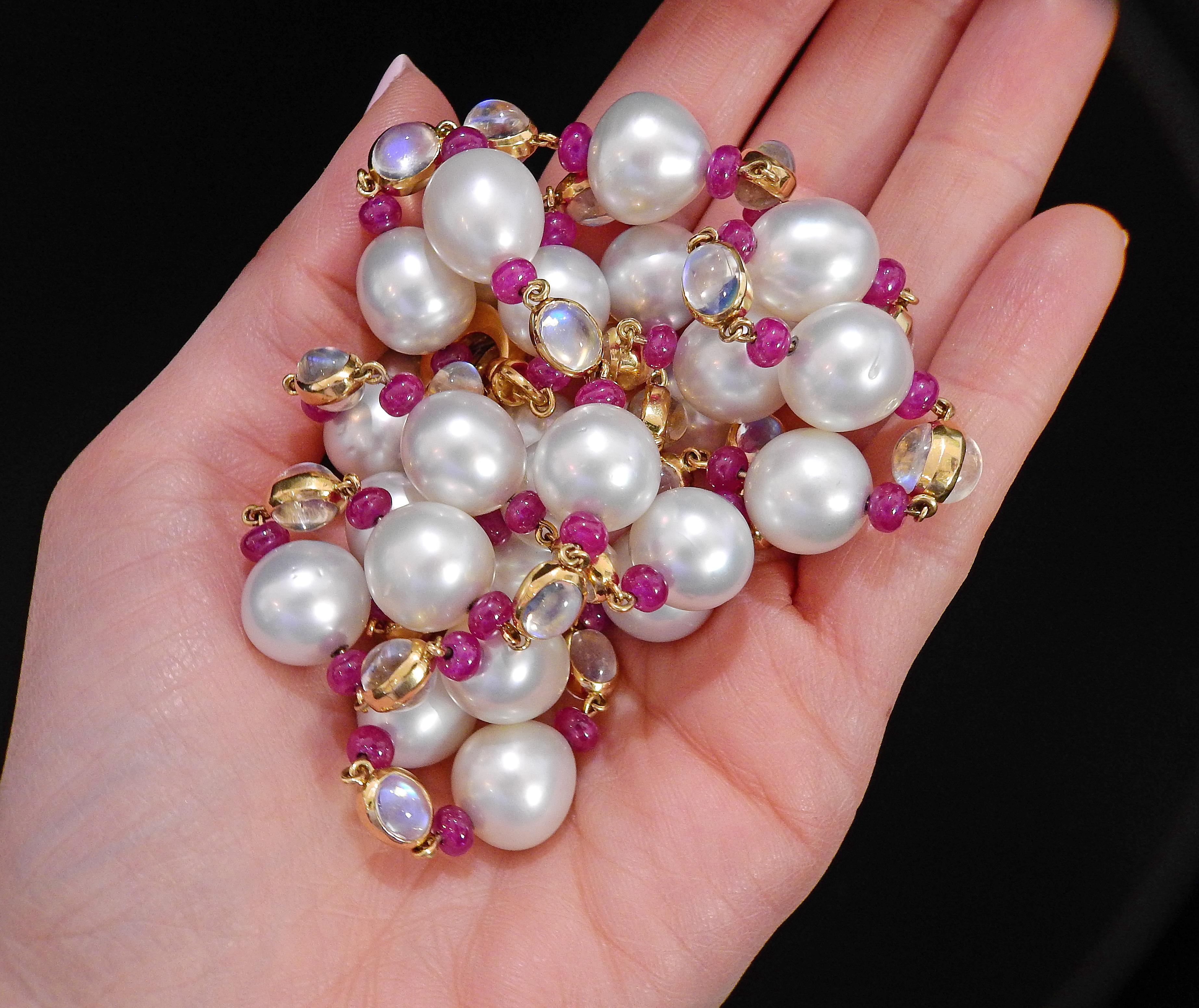 Assael Prince Dimitri South Sea Pearl 81 Carat Ruby Moonstone Gold Long Necklace In New Condition For Sale In Lambertville, NJ