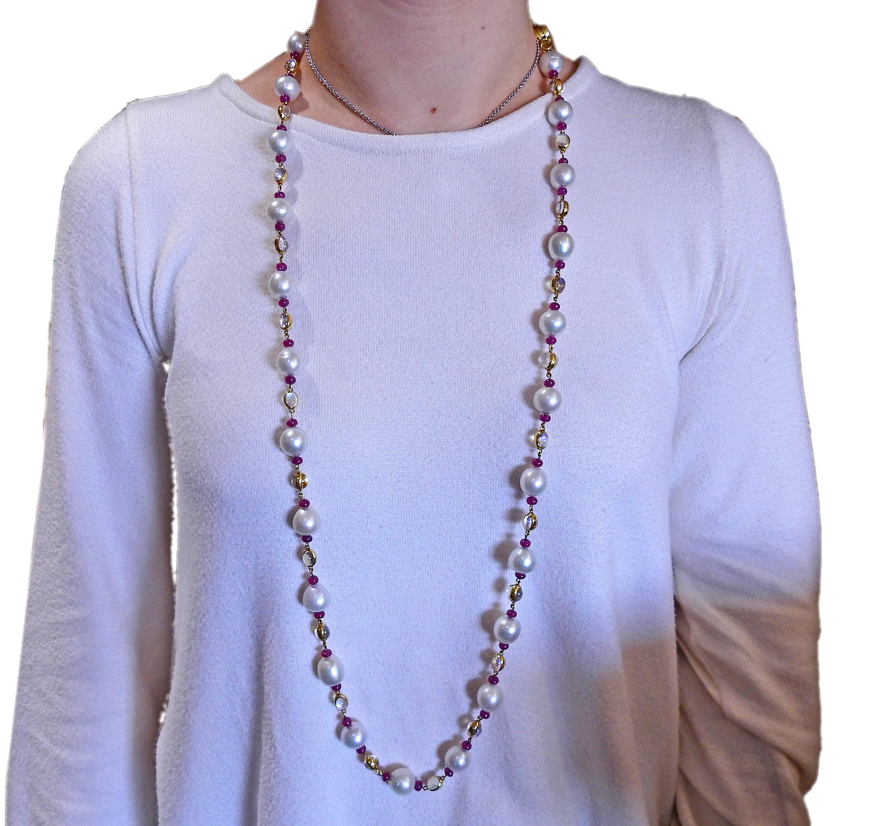 Women's Assael Prince Dimitri South Sea Pearl 81 Carat Ruby Moonstone Gold Long Necklace For Sale