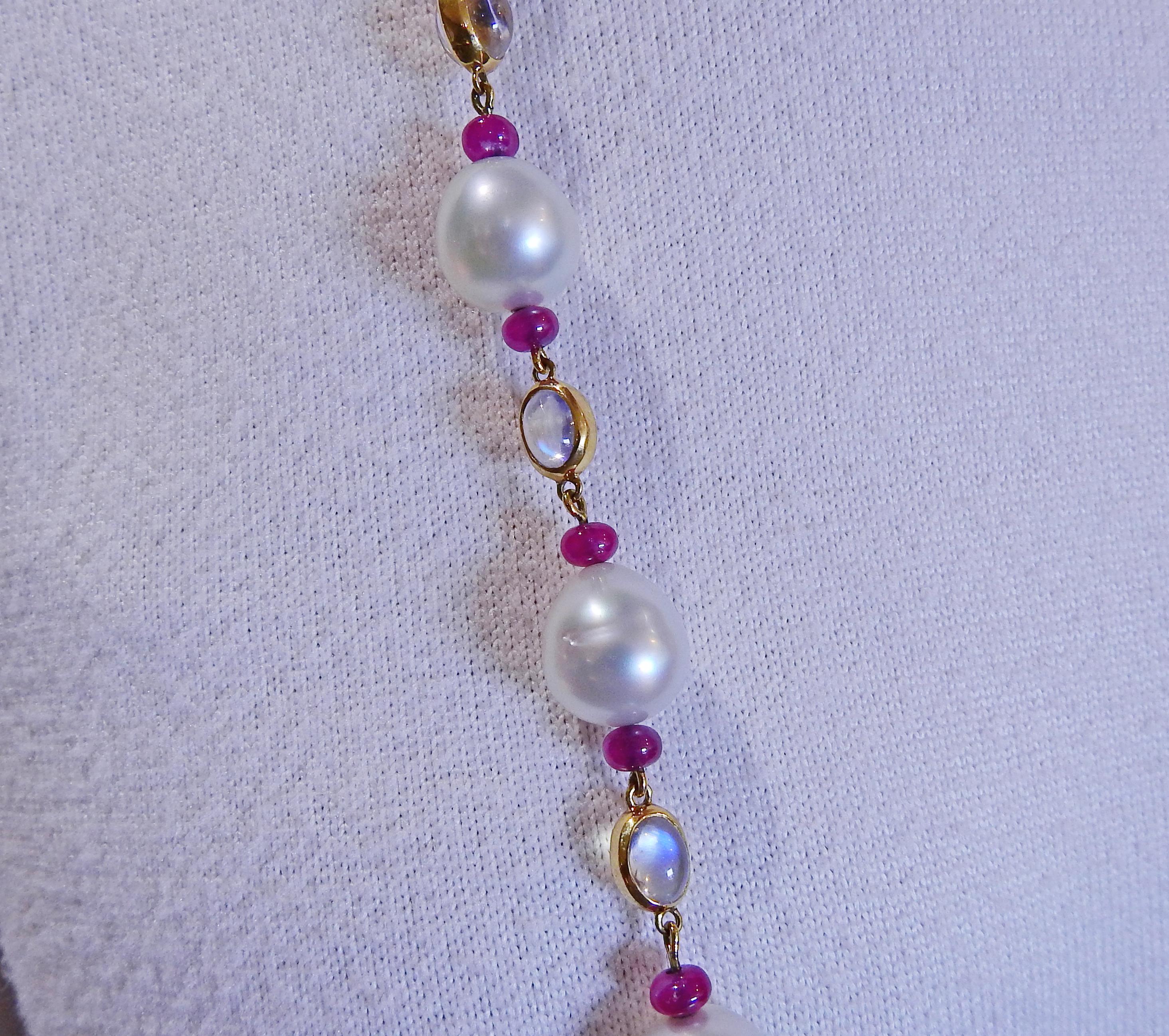 Assael Prince Dimitri South Sea Pearl 81 Carat Ruby Moonstone Gold Long Necklace For Sale 1