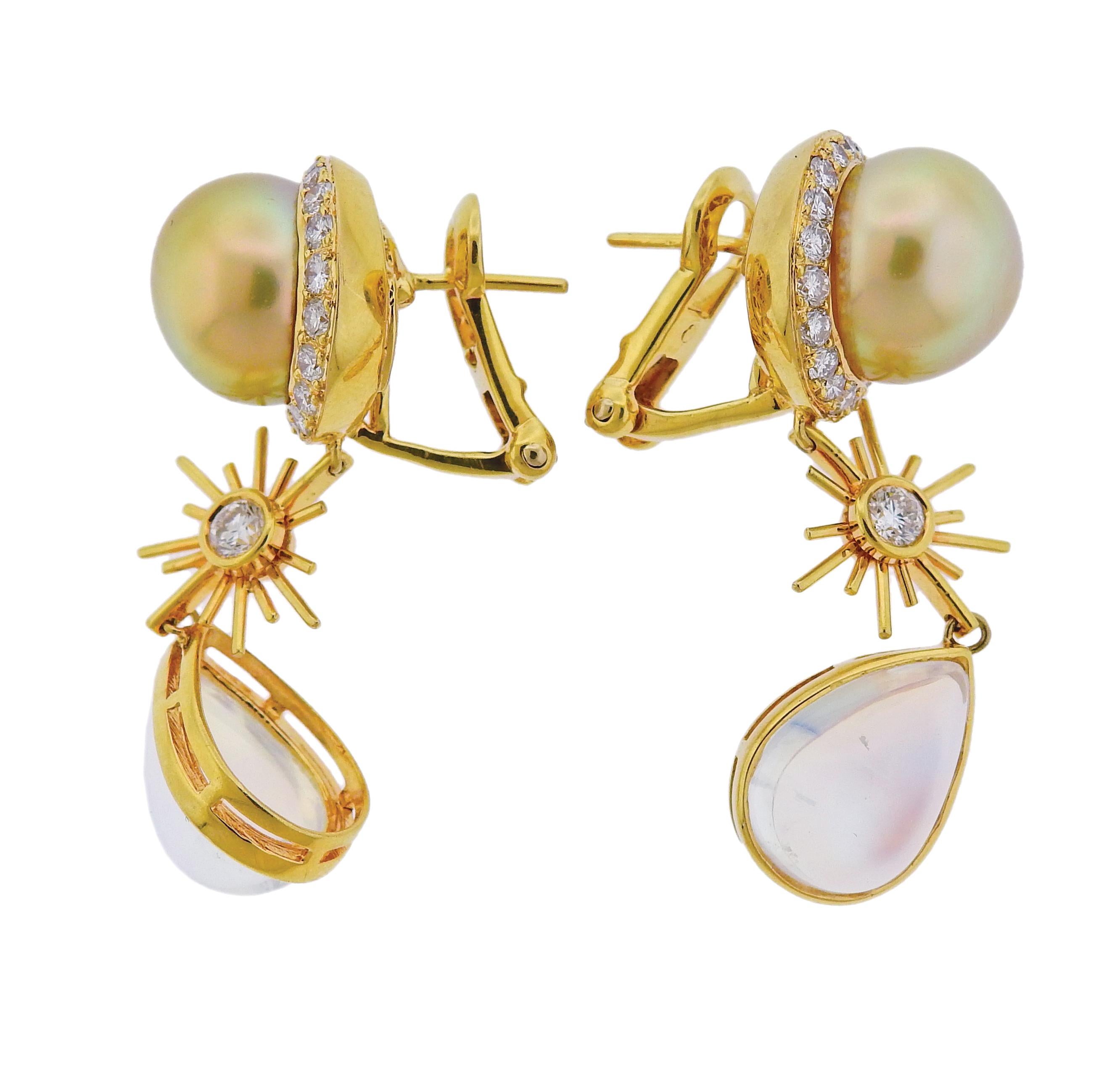 Brand new pair of 18k yellow gold drop earrings by Prince Dimitri, set with 10.30cts in moonstones, 0.97ctw G/VS diamonds and 12mm golden South Sea pearls. Retail $7300. Earrings are 44mm long x 15mm wide. Weigh 17.8 grams. Marked: Prince Dmitri