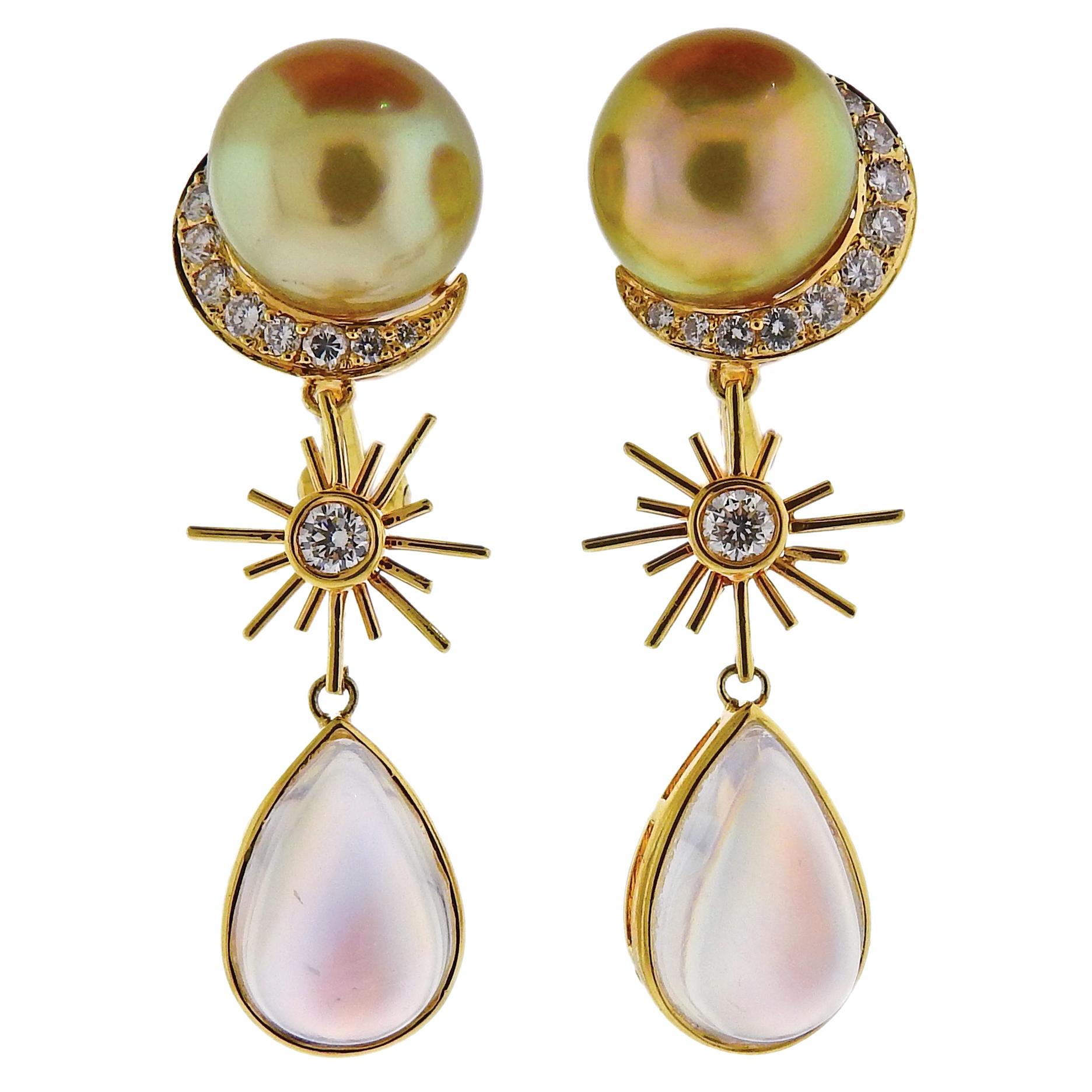 Prince Dimitri South Sea Pearl Moonstone Diamond Gold Drop Earrings For Sale