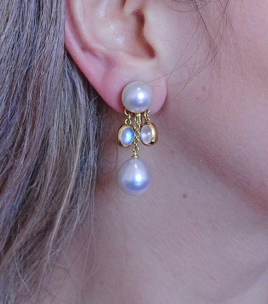 Assael Prince Dimitri South Sea Pearl Moonstone Gold Drop Earrings In Excellent Condition In Lambertville, NJ