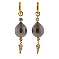 Prince Dimitri Tahitian Pearl Diamond Gold Drop Earrings Prince Dimitri Tahitian Pearl Diamond Gold Drop Earrings