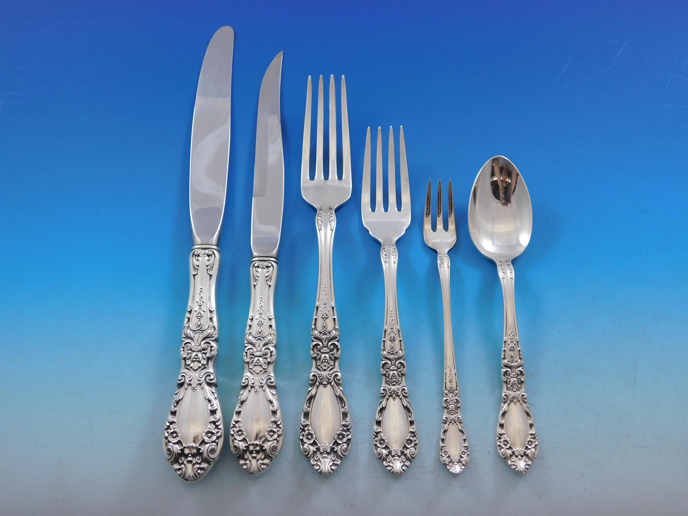 Fabulous dinner size Prince Eugene by Alvin sterling silver Flatware set, 76 pieces. The dinner fork and knife in this pattern are large and impressive. This set includes:

12 dinner size knives, 9 1/2