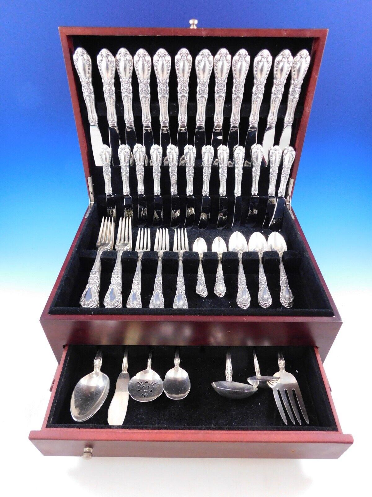 Dinner Size Prince Eugene by Alvin sterling silver flatware set, 80 pieces. The dinner fork and knife in this pattern are large and impressive. This set includes:

12 dinner size knives, 9 1/2