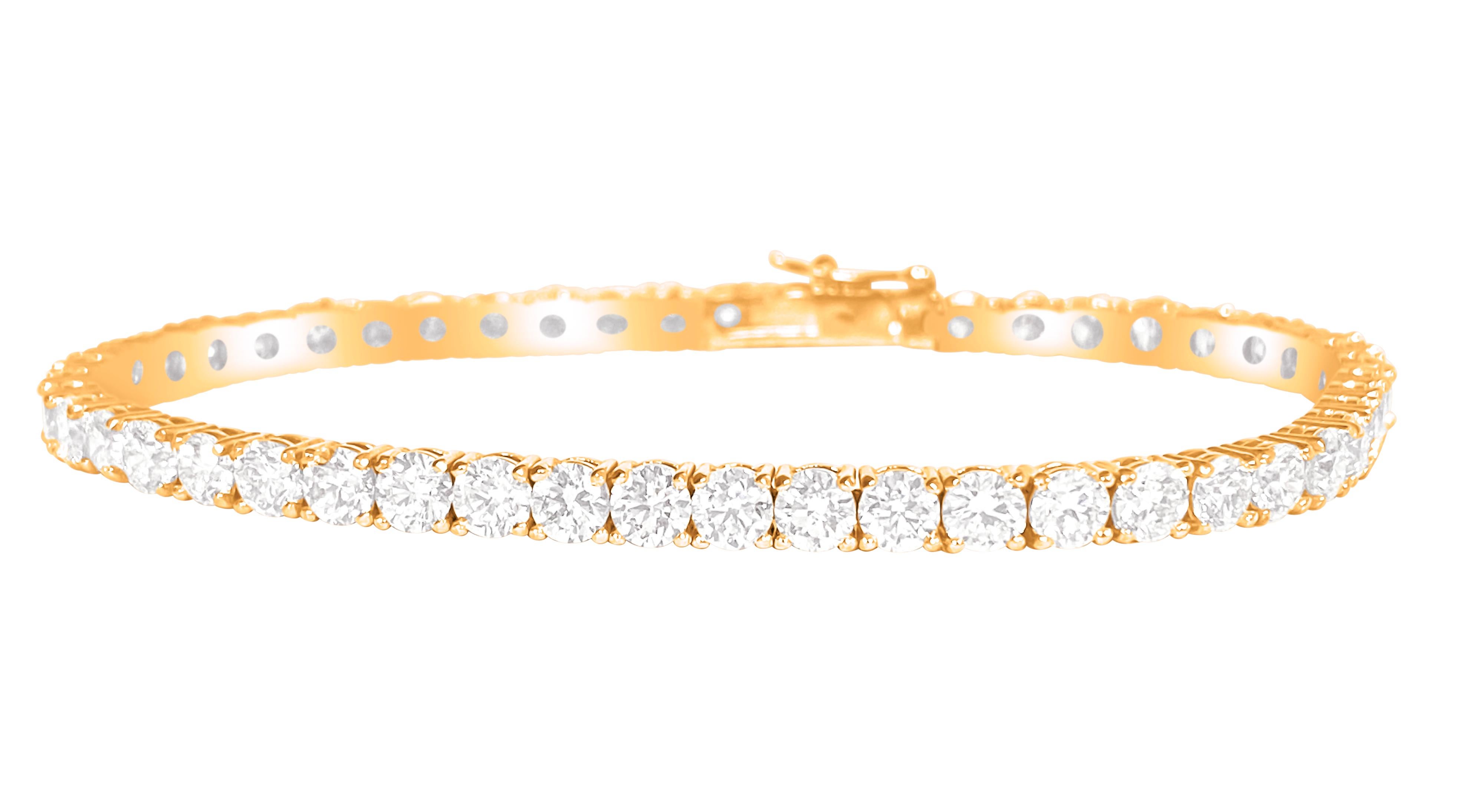 Metal: 14k rose gold. 
9.10 carat diamonds total. Round brilliant cut. VVS clarity. 
100% natural earth mined diamonds
20 pointer diamonds.
Setting: prongs
Style: Tennis bracelet.
Tongue hook. 
7 inches. 

Brand new custom made tennis bracelet.