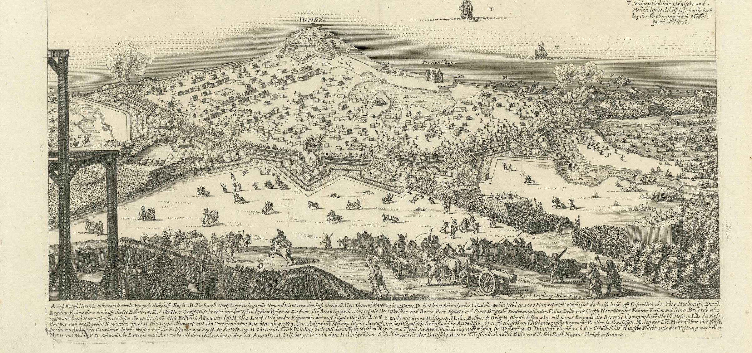 The engraving depicts the assault and capture of the Danish fortress Friderichsodde (now known as Fredericia) located on the island of Fyn. The scene, captured on October 24, 1657, vividly illustrates the Swedish main army's takeover under the