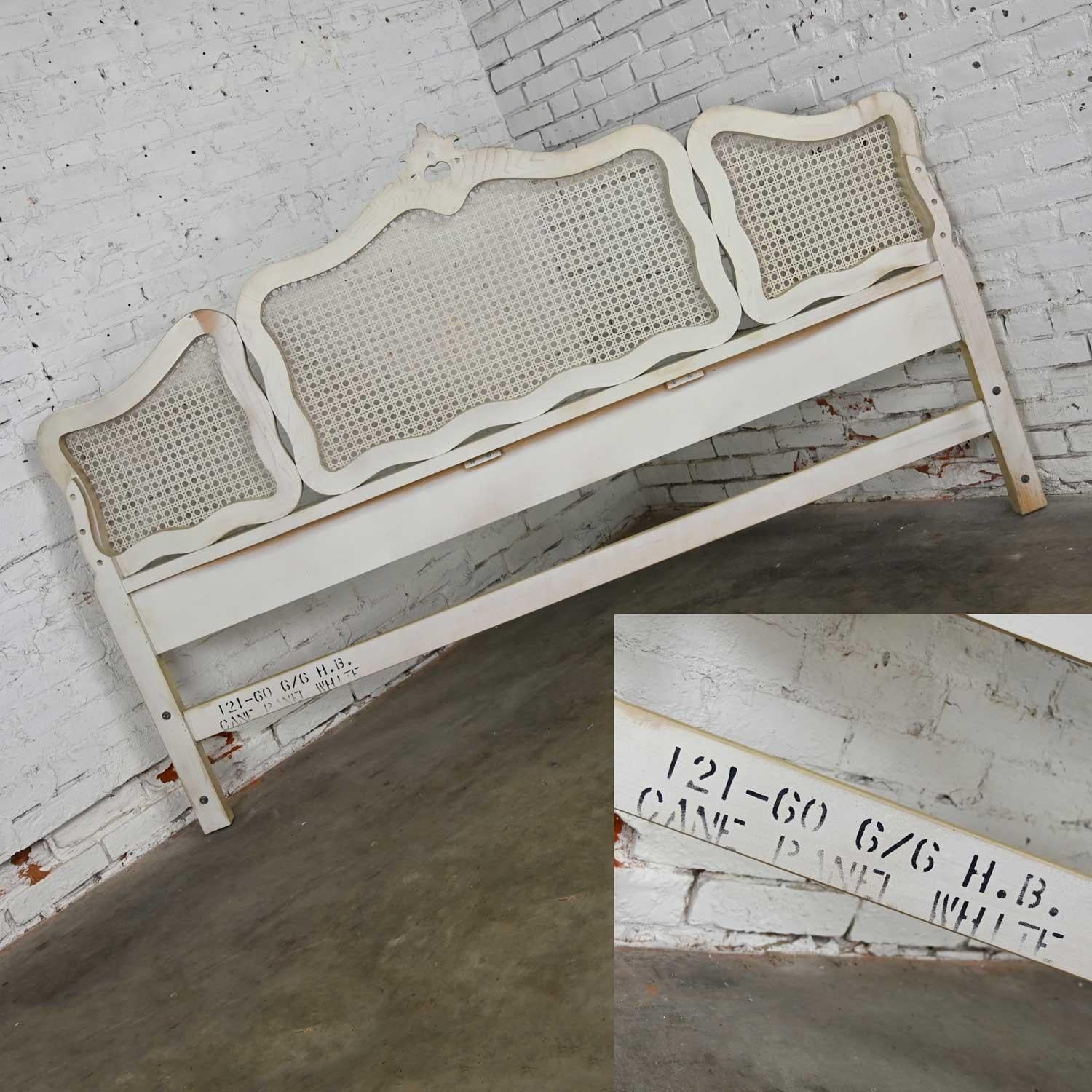 Prince Howard French Provincial Hollywood Regency Ant. White Cane King Headboard 8