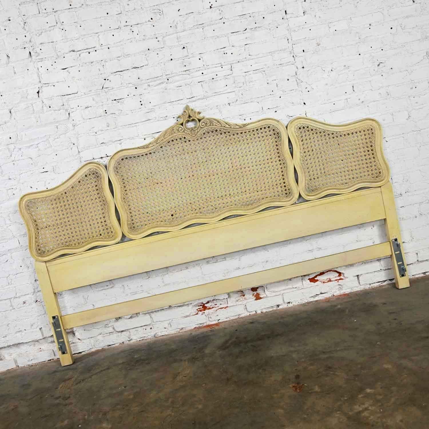 American Prince Howard French Provincial Hollywood Regency Ant. White Cane King Headboard