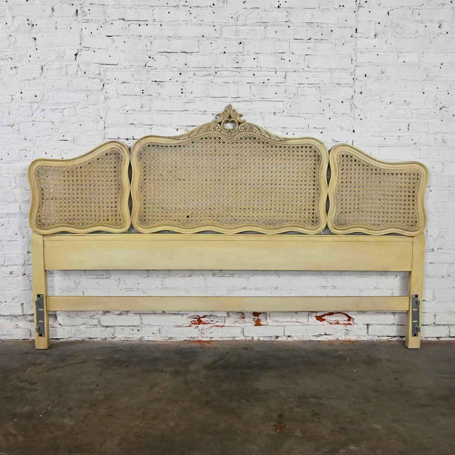 Wood Prince Howard French Provincial Hollywood Regency Ant. White Cane King Headboard