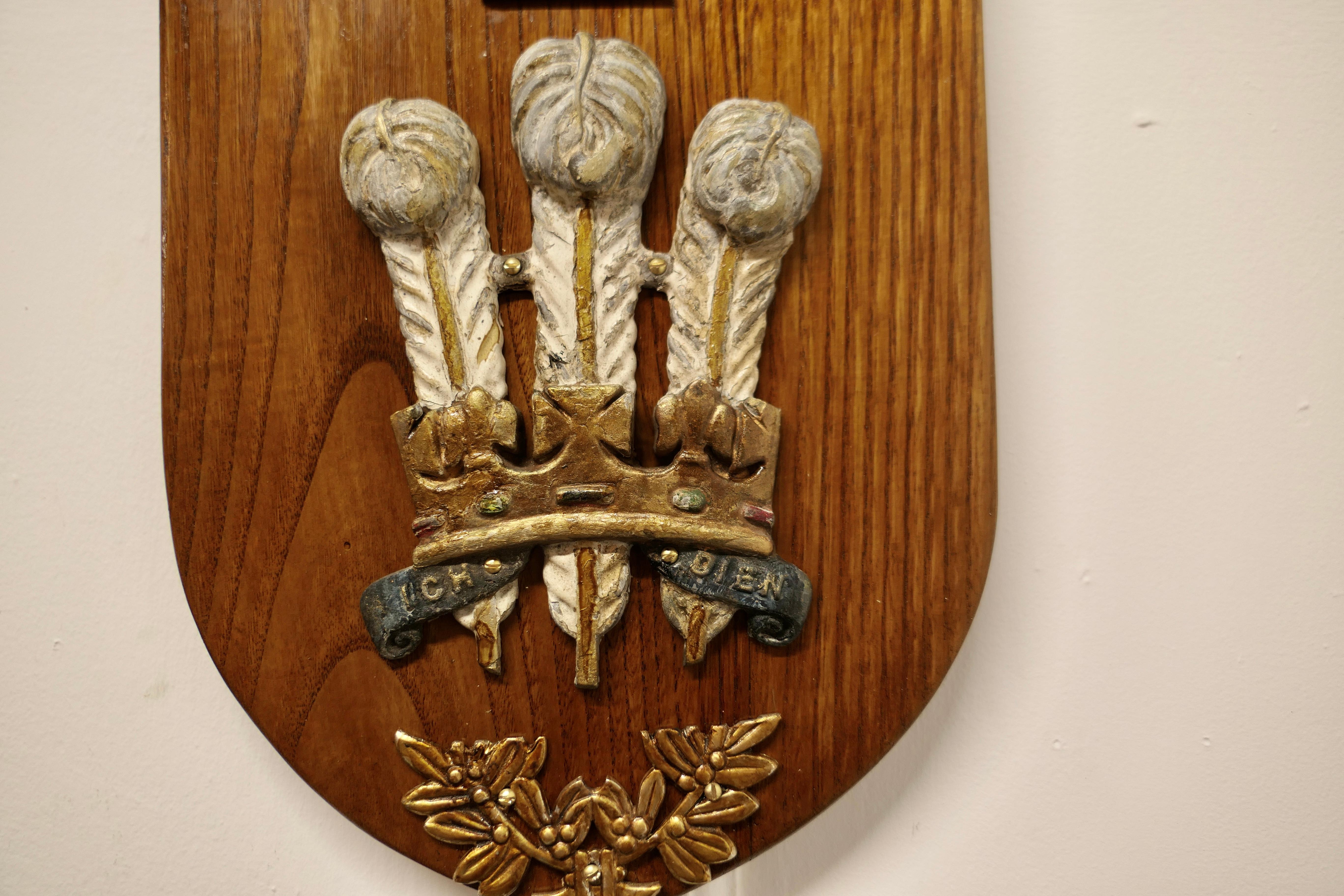 Prince of Wales feathers Royal Wall Plaque. 

A great piece, a Royal Commemorative plaque, with the cast metal Prince of Wales Feathers with crown over, set on an Oak Shield shaped plaque.

The plaque is in good sound condition.
It is 15” high