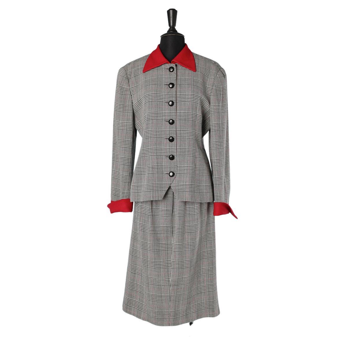 Prince of Wales skirt suit with red crêpe collar and cuffs Christian Dior  For Sale