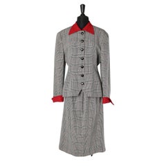 Prince of Wales skirt suit with red crêpe collar and cuffs Christian Dior 
