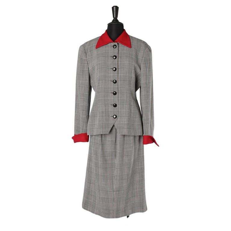 Prince of Wales skirt suit with red crêpe collar and cuffs Christian ...