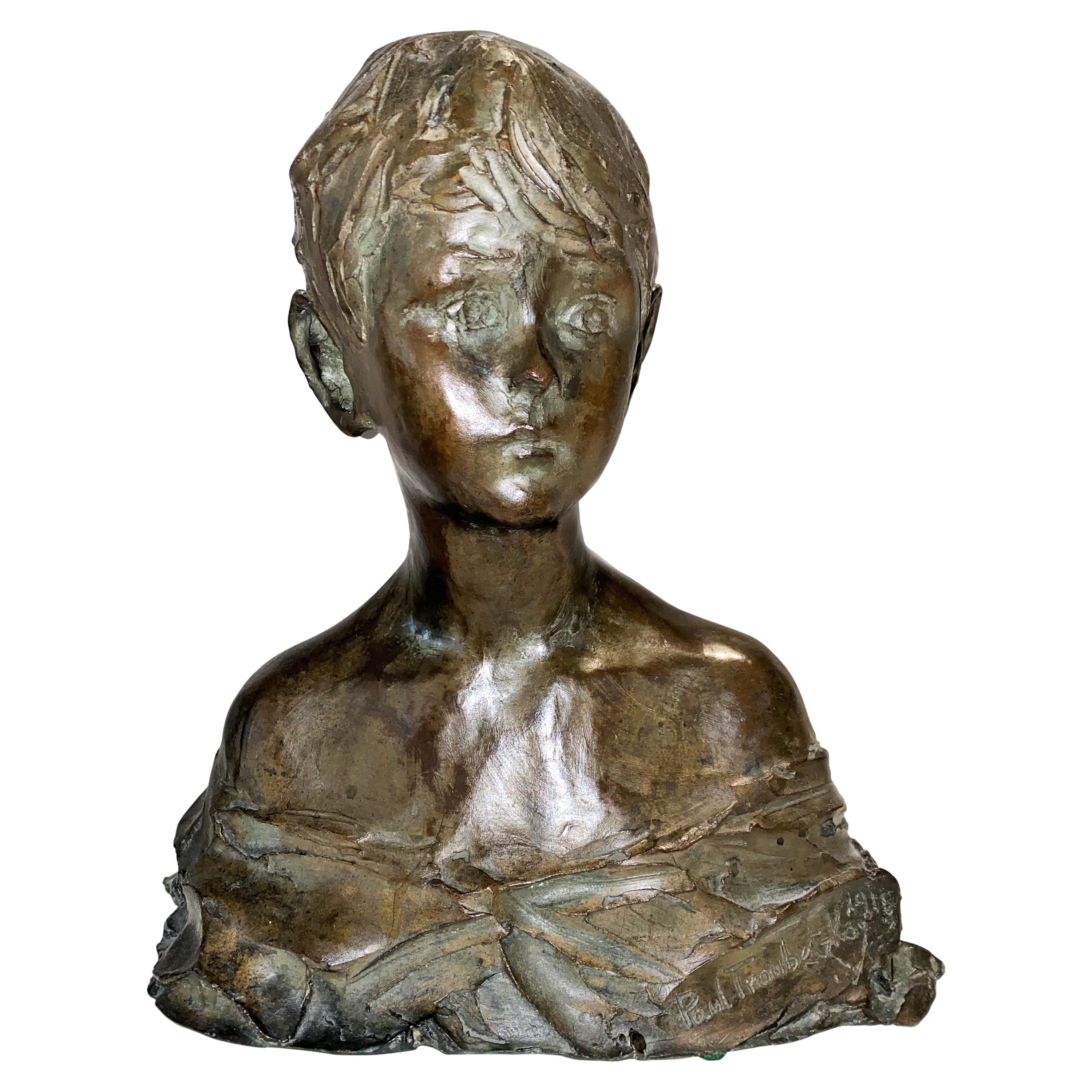 Prinz Paolo Troubetzkoy, Büste eines Jungen, impressionistische Bronzeskulptur, 1915