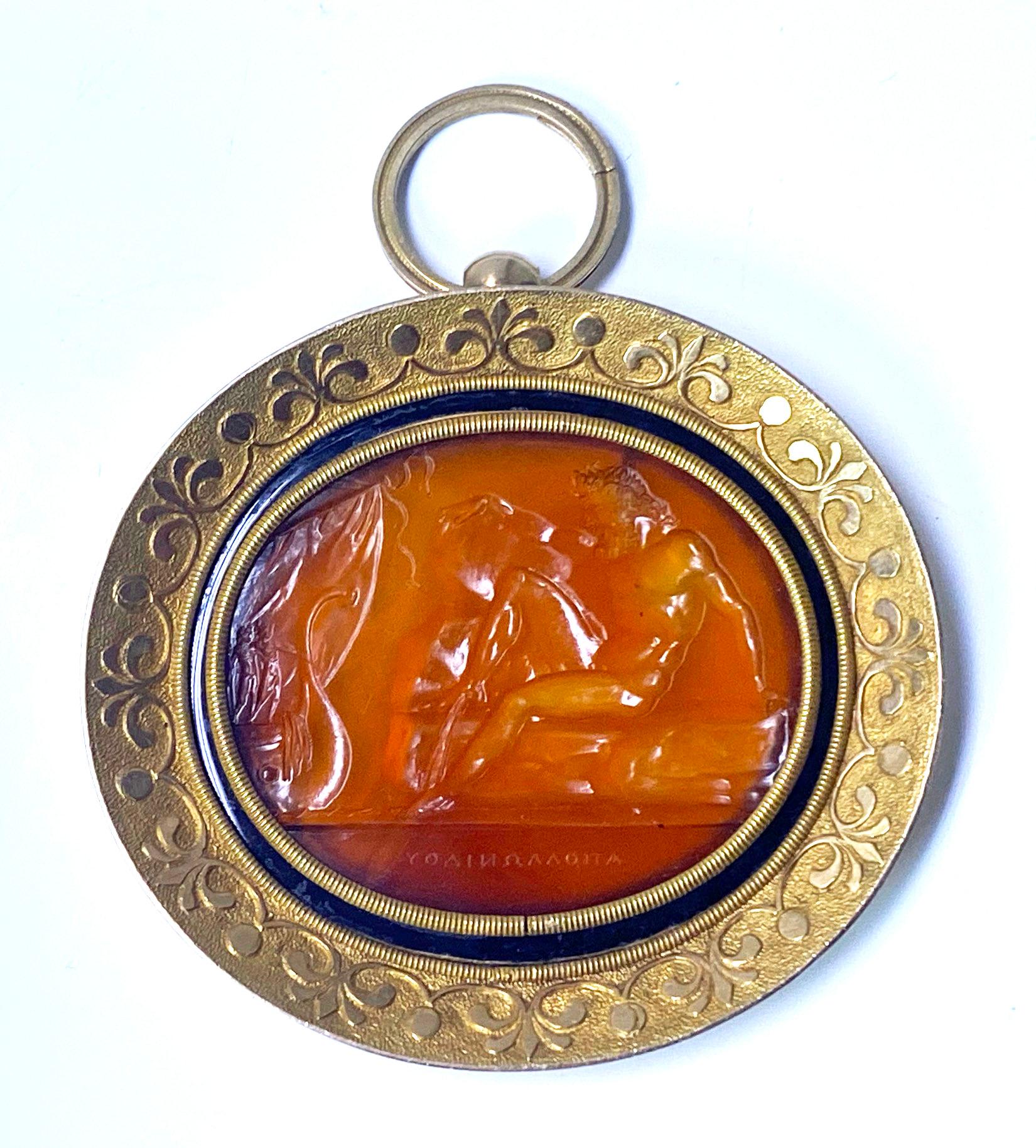 Sardonyx intaglio pendant in gold from the collection of Prince Stanislas Poniatowski (1754-1833). Outstanding carved scene of Polyphemus hurling a rock at the ship of Ulysses. Details are very clear. Signed in Greek letters at the bottom,