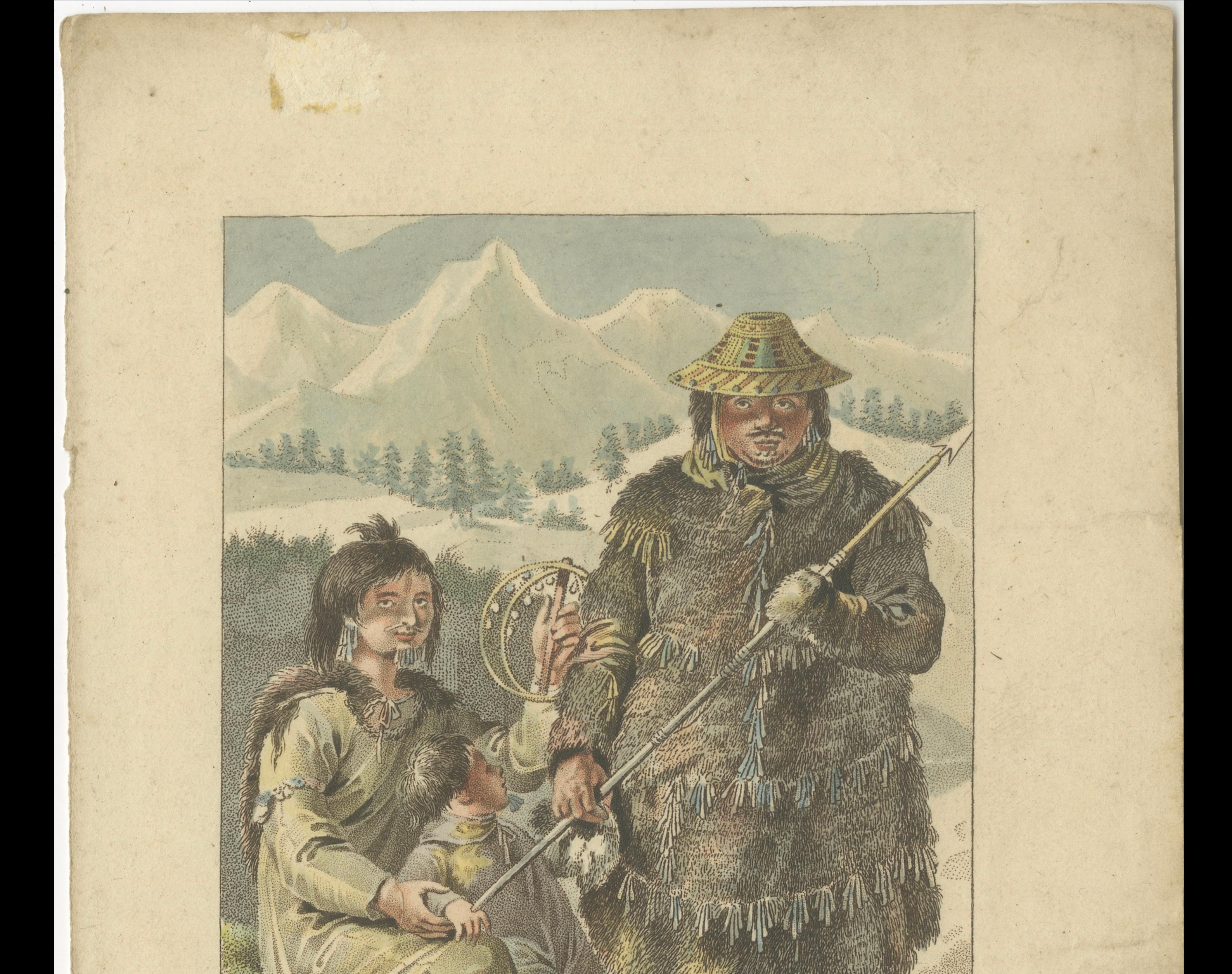 Prince William Sound Alaska Indigenous Family, Antique Costume Print, c.1805