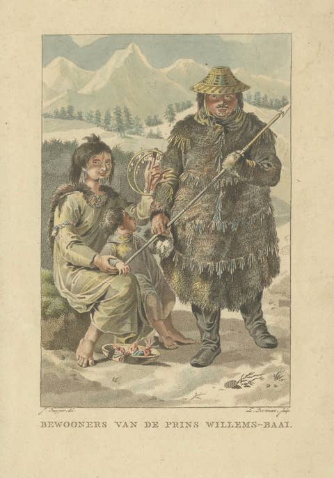 Prince William Sound Alaska Indigenous Family, Antique Costume Print, c.1805