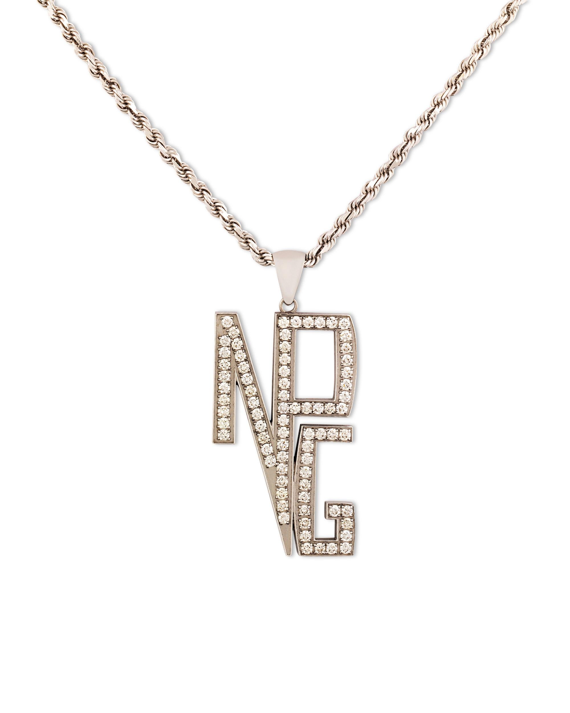 The bold and opulent style of musical icon Prince is on full display in this one-of-a-kind white gold necklace. The letters 