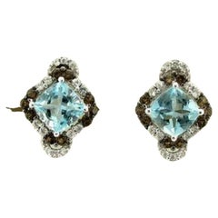 Princess Alexandra Earrings Featuring Sea Blue Aquamarine, Chocolate Quartz