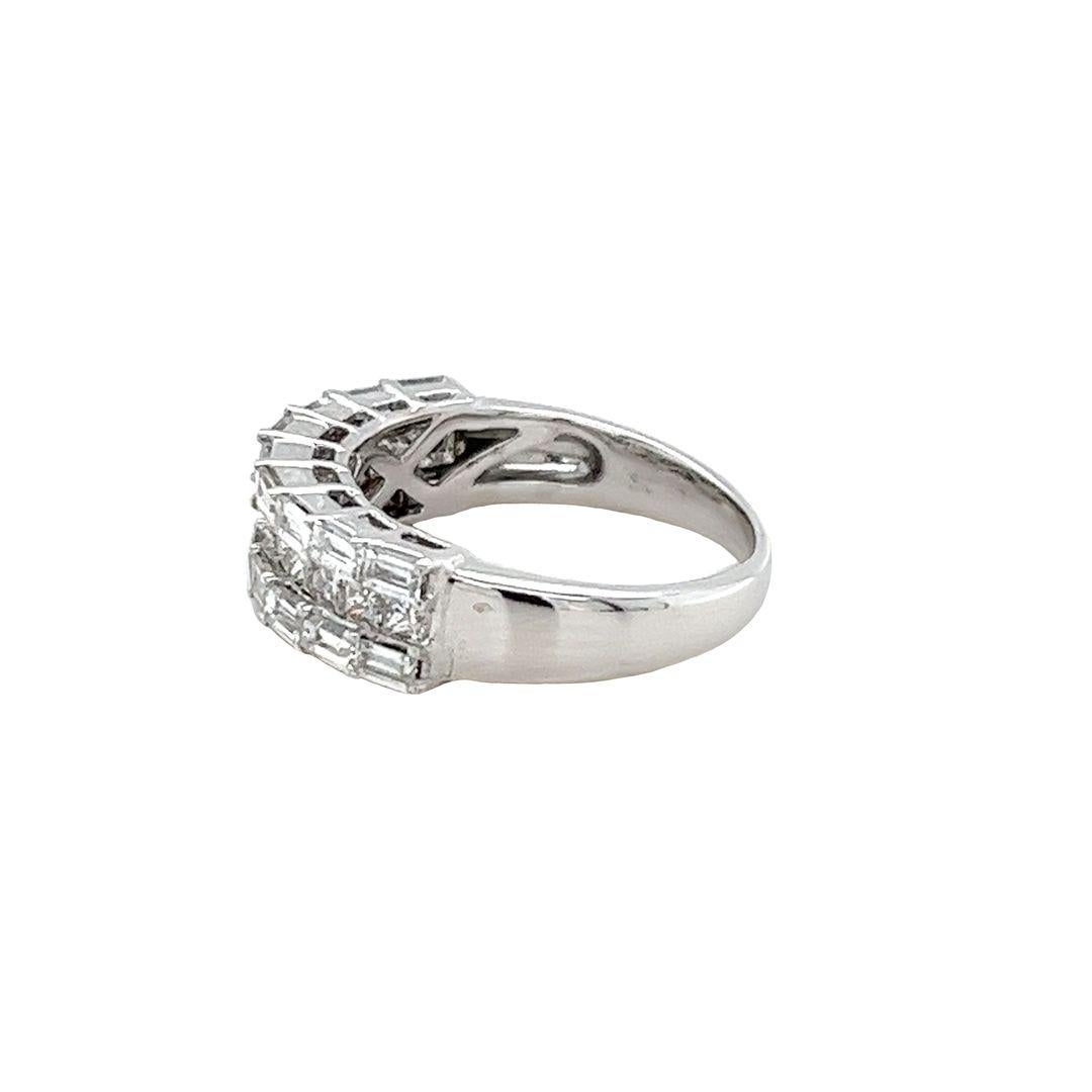 Princess Cut Princess and Baguette Cut Diamond 3 Row Ring in White Gold For Sale