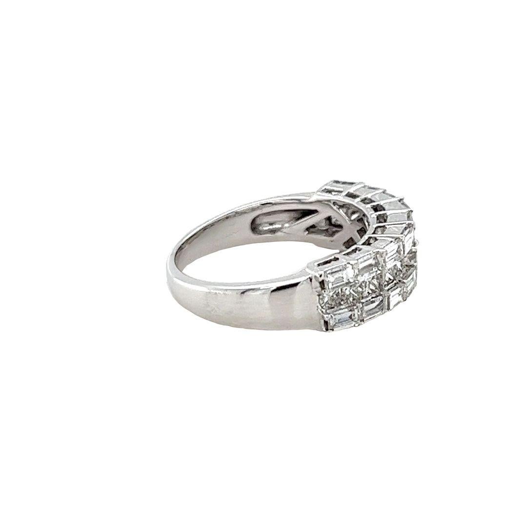 Women's Princess and Baguette Cut Diamond 3 Row Ring in White Gold For Sale