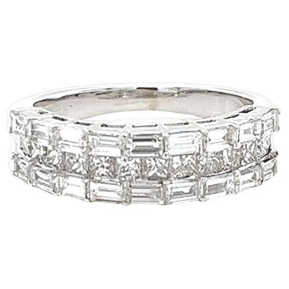 Princess and Baguette Cut Diamond 3 Row Ring in White Gold