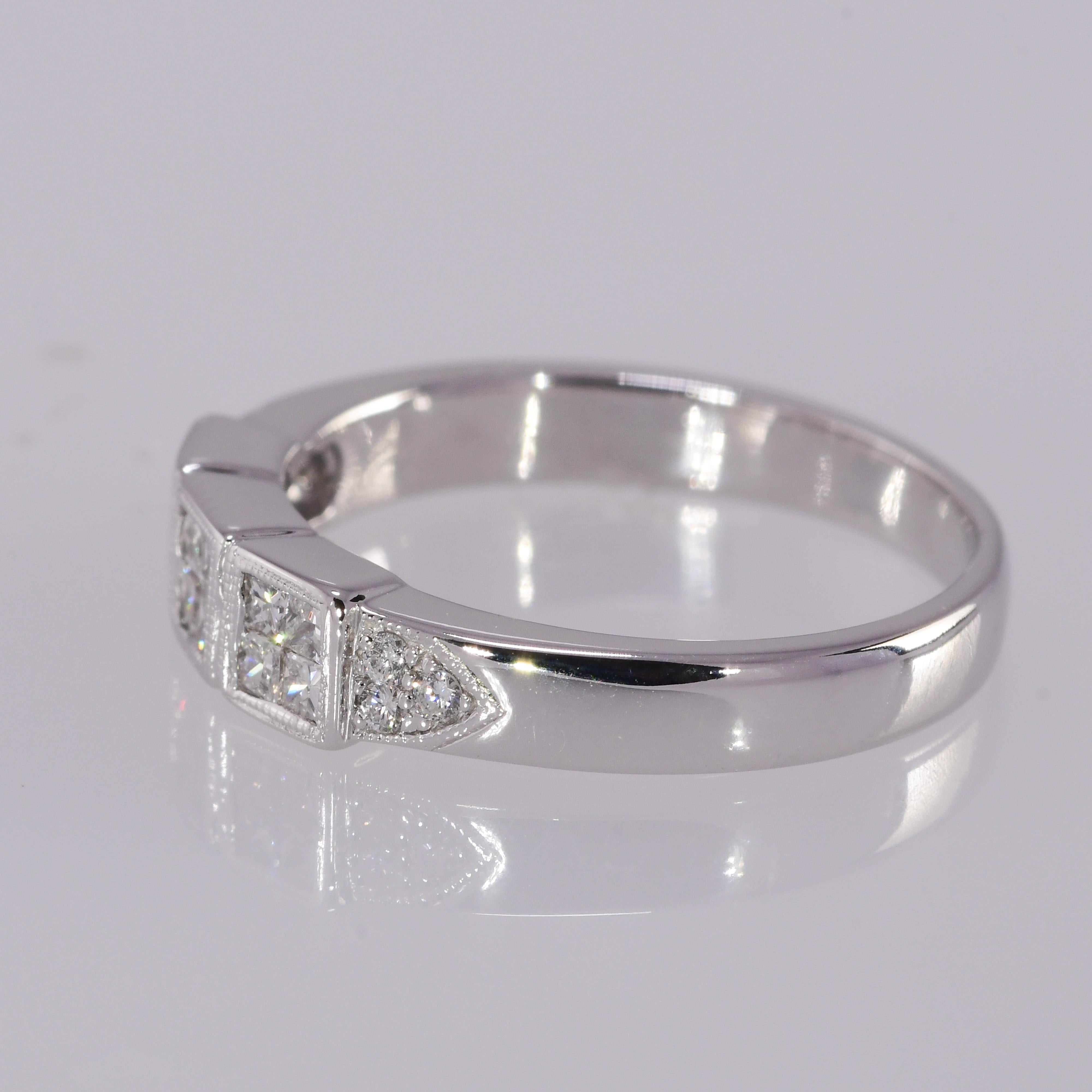 Modern Princess and Round .50 Carat Diamond Band, 14 Karat White Gold, Invisible Set