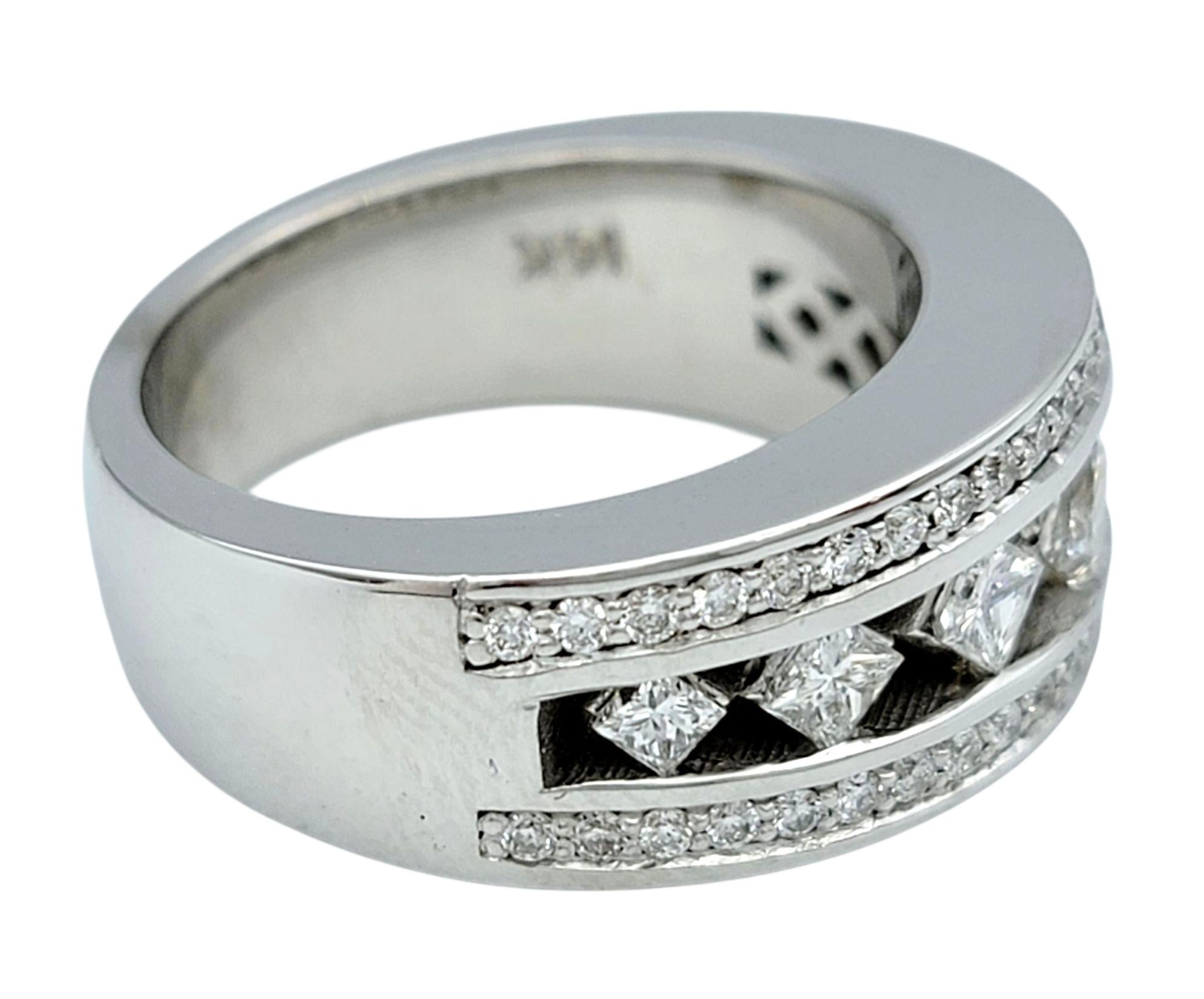 Contemporary Princess and Round Cut Diamond Cutout Band Ring in Polished 14 Karat White Gold For Sale