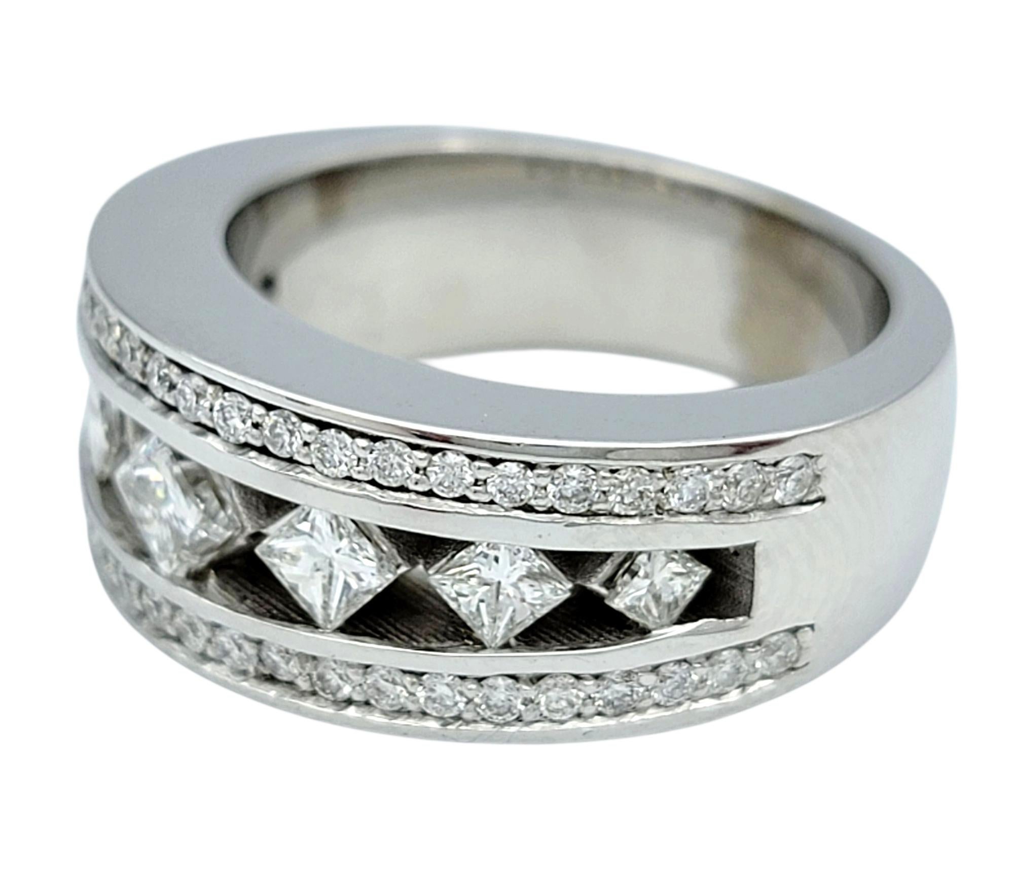 Princess Cut Princess and Round Cut Diamond Cutout Band Ring in Polished 14 Karat White Gold For Sale