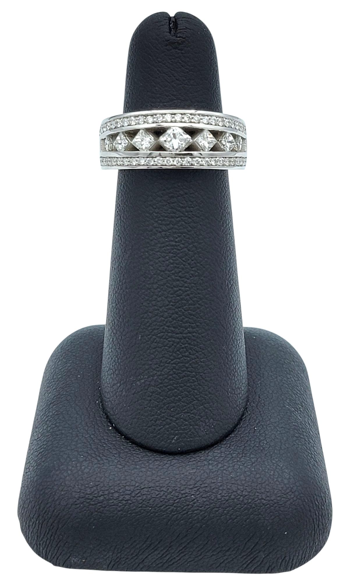 Princess and Round Cut Diamond Cutout Band Ring in Polished 14 Karat White Gold For Sale 3