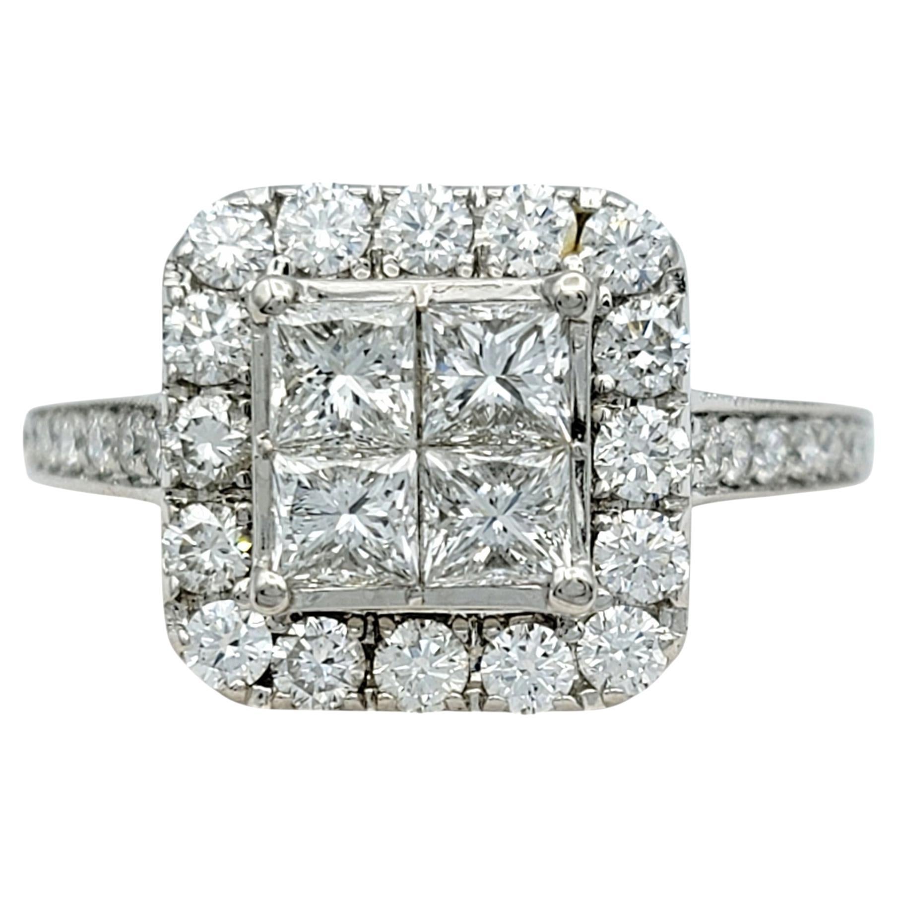 Princess and Round Cut Diamond Squared Halo Ring in Polished 14 Karat White Gold