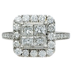 Princess and Round Cut Diamond Squared Halo Ring in Polished 14 Karat White Gold