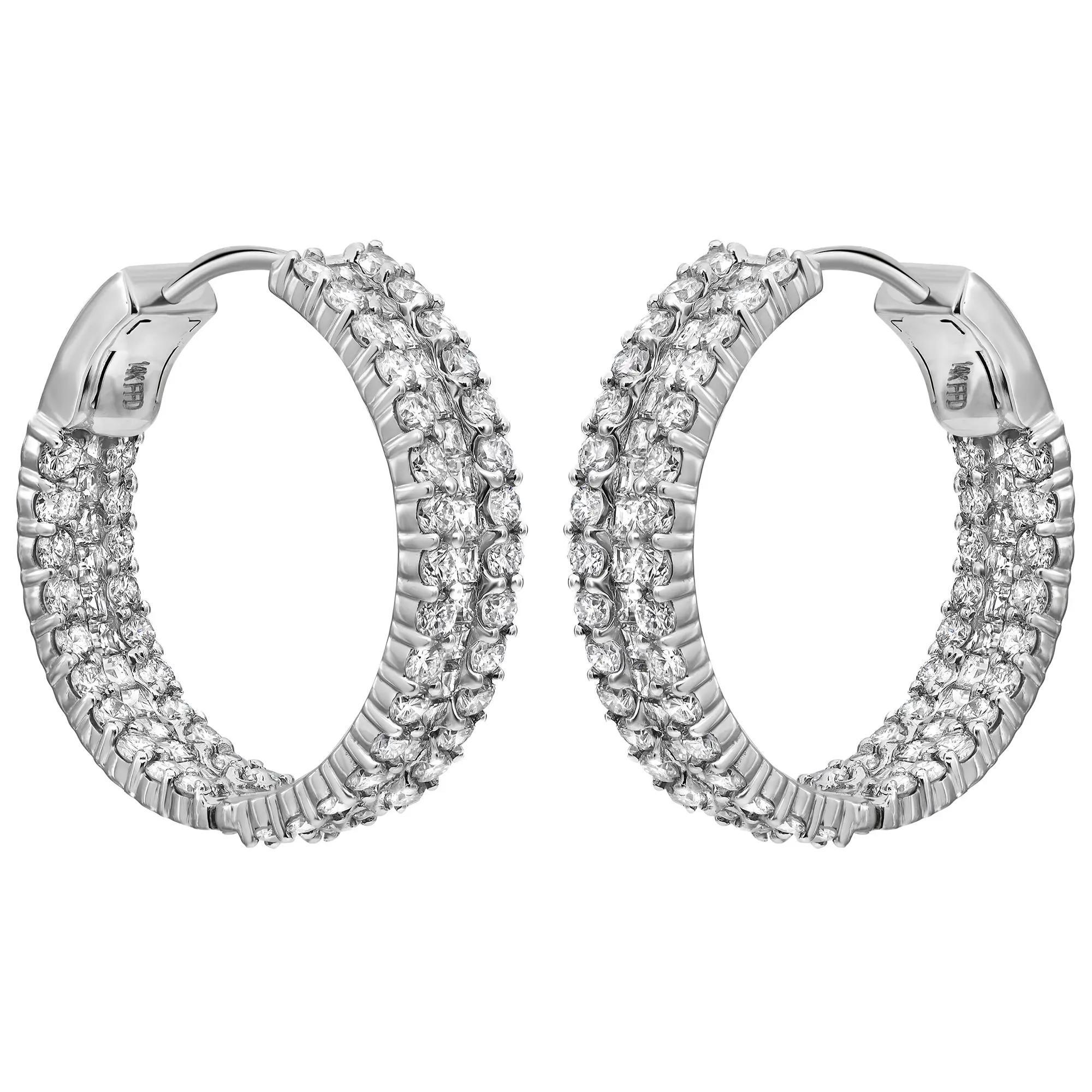 Princess Cut Princess And Round Cut Inside Out Diamond Hoop Earrings 14K White Gold 5.32Cttw For Sale