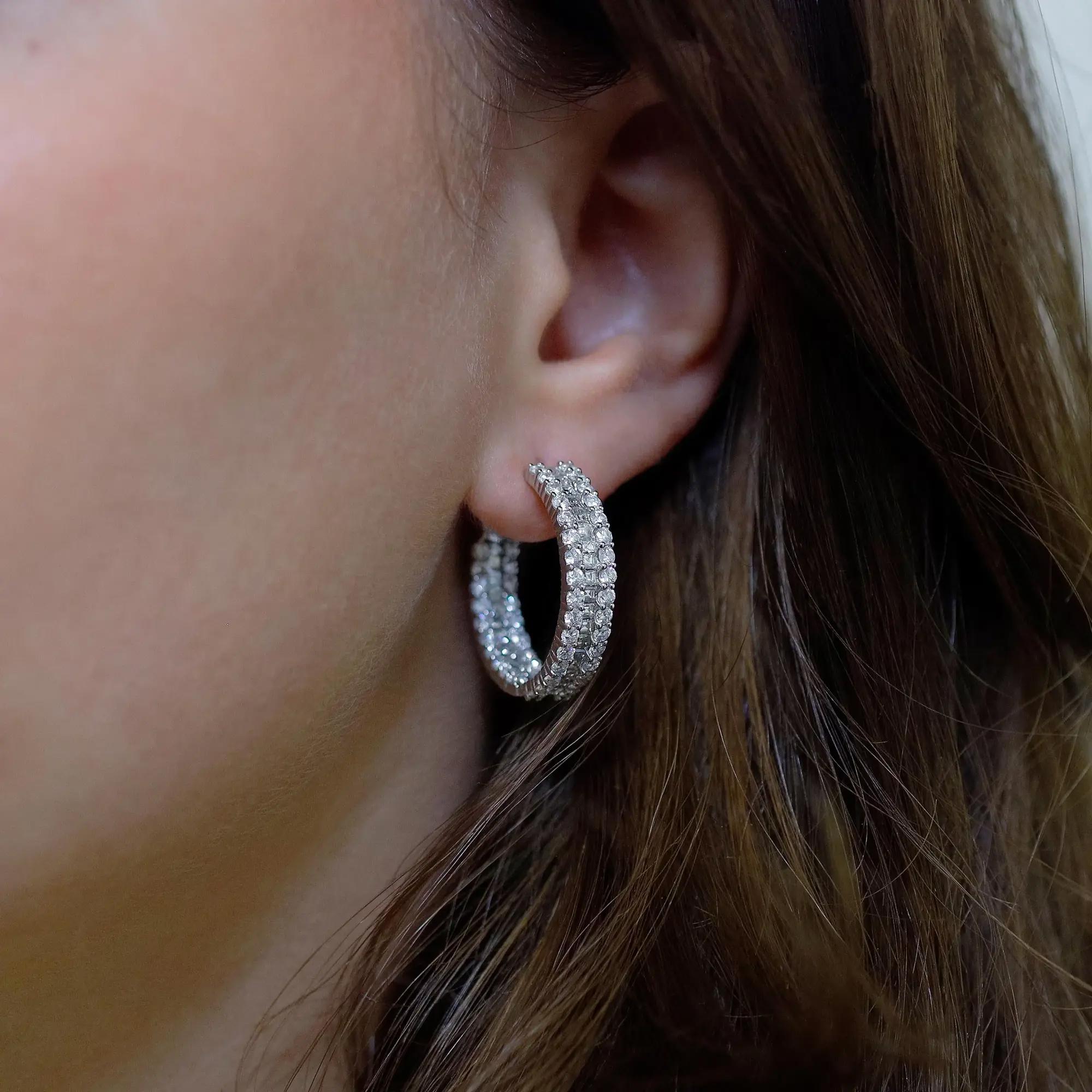 Princess And Round Cut Inside Out Diamond Hoop Earrings 14K White Gold 5.32Cttw In New Condition For Sale In New York, NY