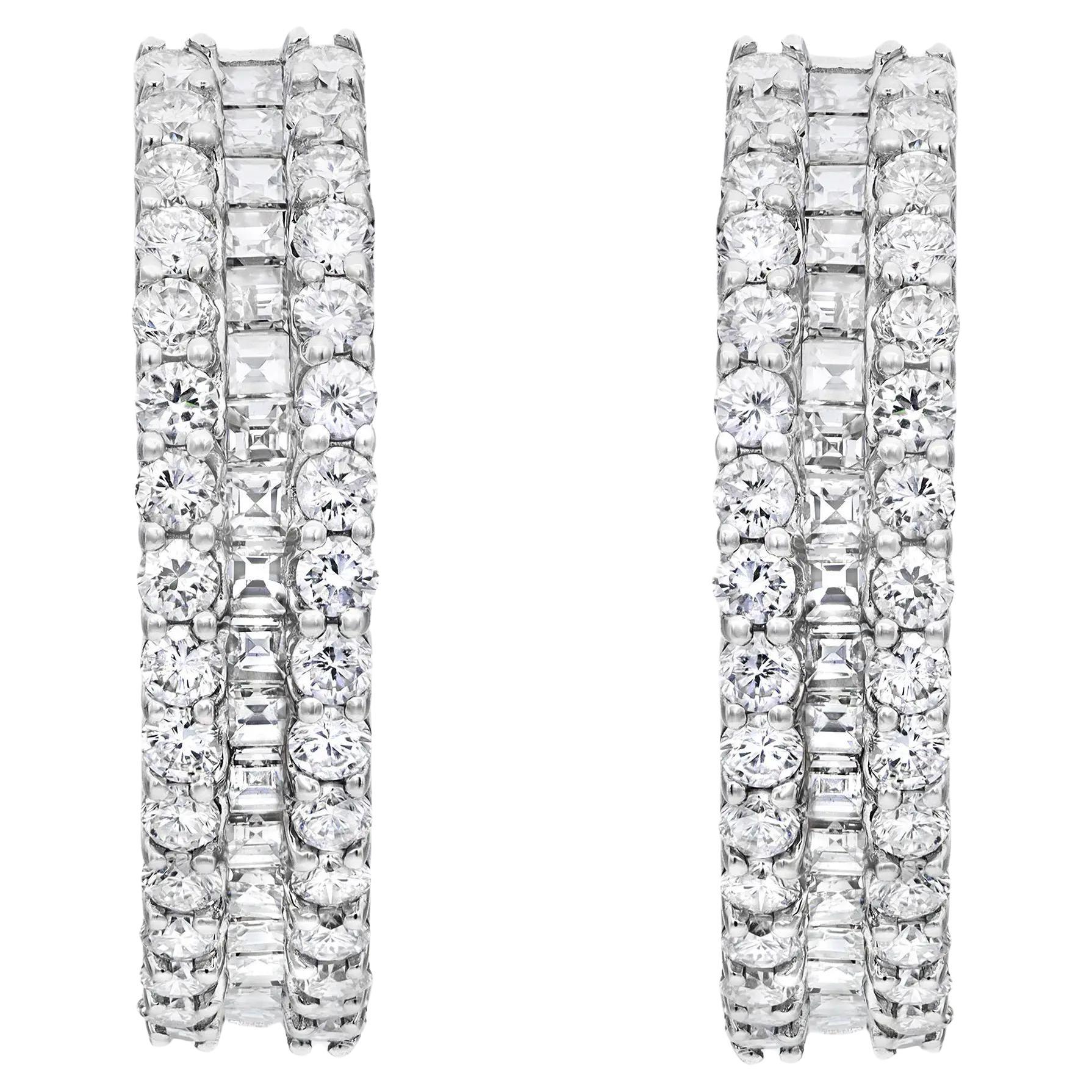 Princess And Round Cut Inside Out Diamond Hoop Earrings 14K White Gold 5.32Cttw For Sale