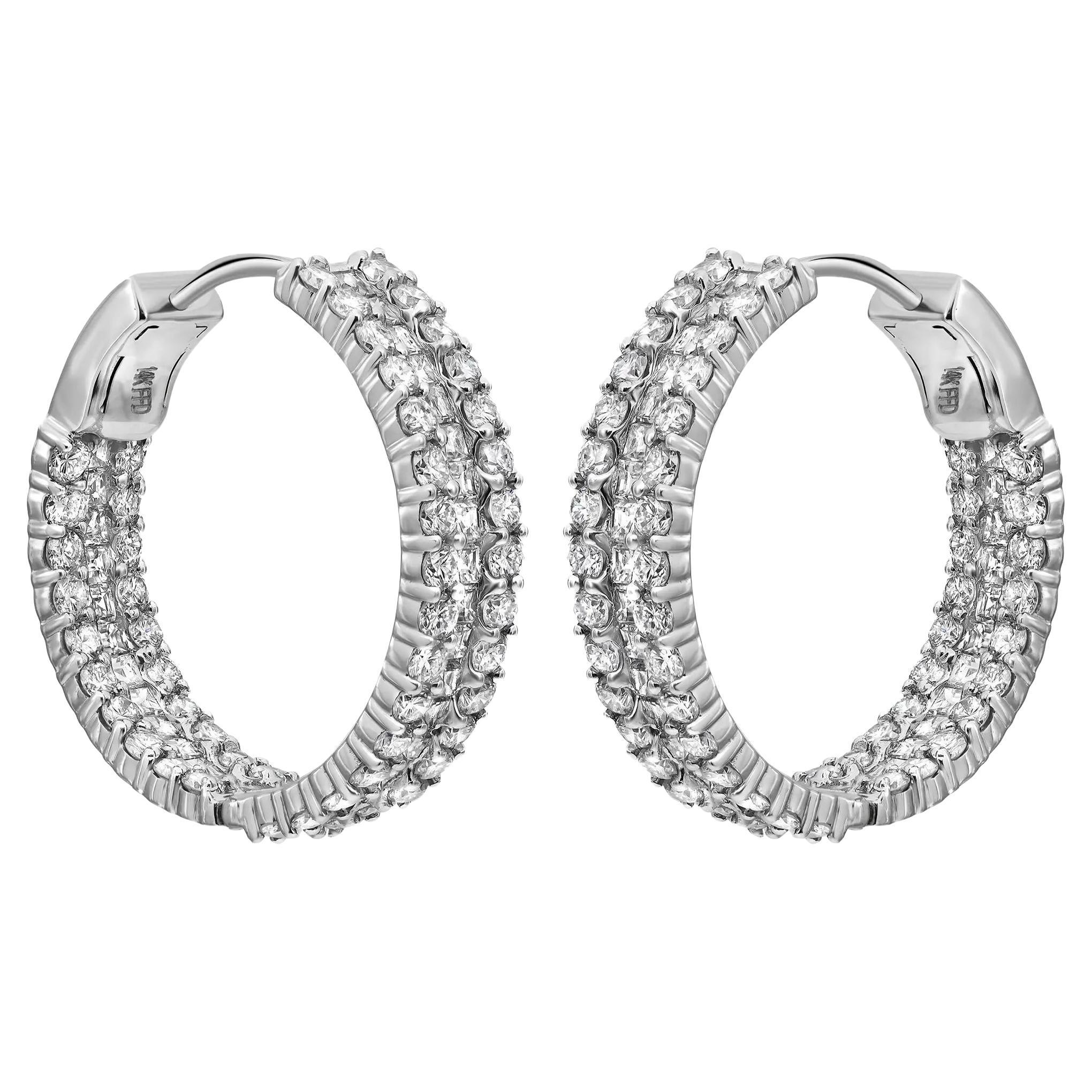 Princess And Round Cut Inside Out Diamond Hoop Earrings 14K White Gold 5.32Cttw