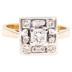 Princess and Round Diamond Cluster 9 Carat Gold Vintage Engagement Ring