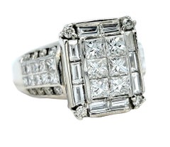 Princess, Baguette and Round Diamond Squared Cluster Ring in 14 Karat White Gold