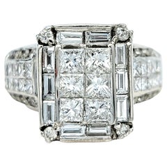 Princess, Baguette and Round Diamond Squared Cluster Ring in 14 Karat White Gold
