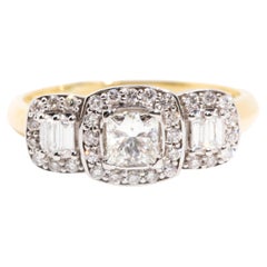 Princess Baguette Round Diamond Vintage Three-Stone Cluster Ring 9ct Gold