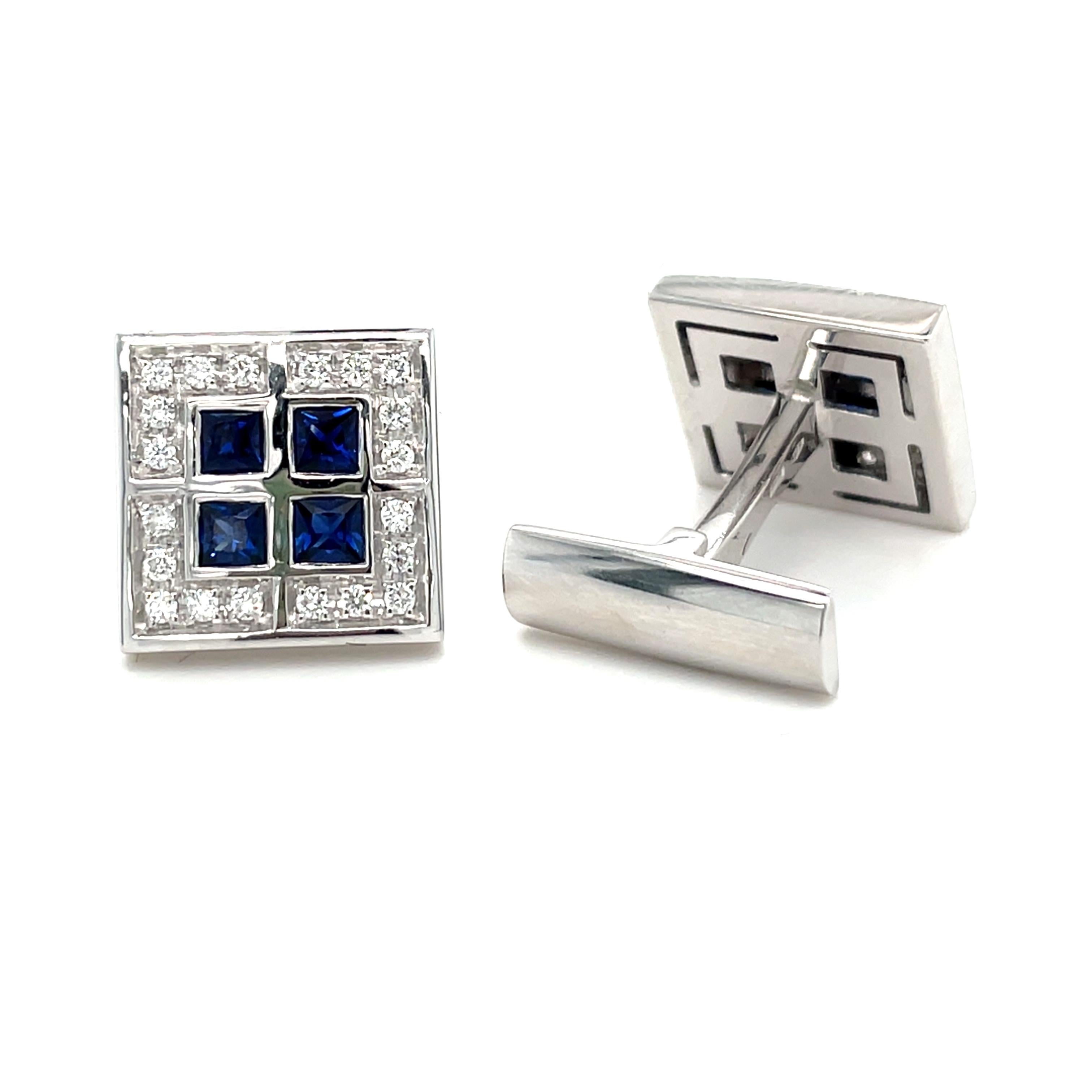 These 18K white gold cufflinks are from timeless Collection. These very elegant cufflinks are made with white  gold, with Princess Cut Blue Sapphires 1.48 ct and diamonds G colors VS clarity in total of 0.46 ct. Total metal weight is 14.50 gr. These