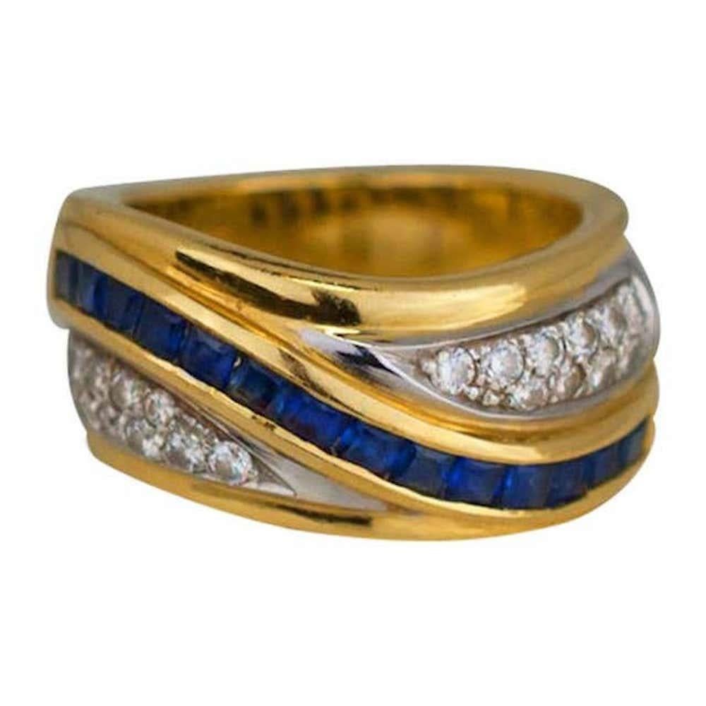 Women's or Men's Princess Blue Sapphire and Diamond Band, 14 Karat Yellow Gold 1.70 TW For Sale