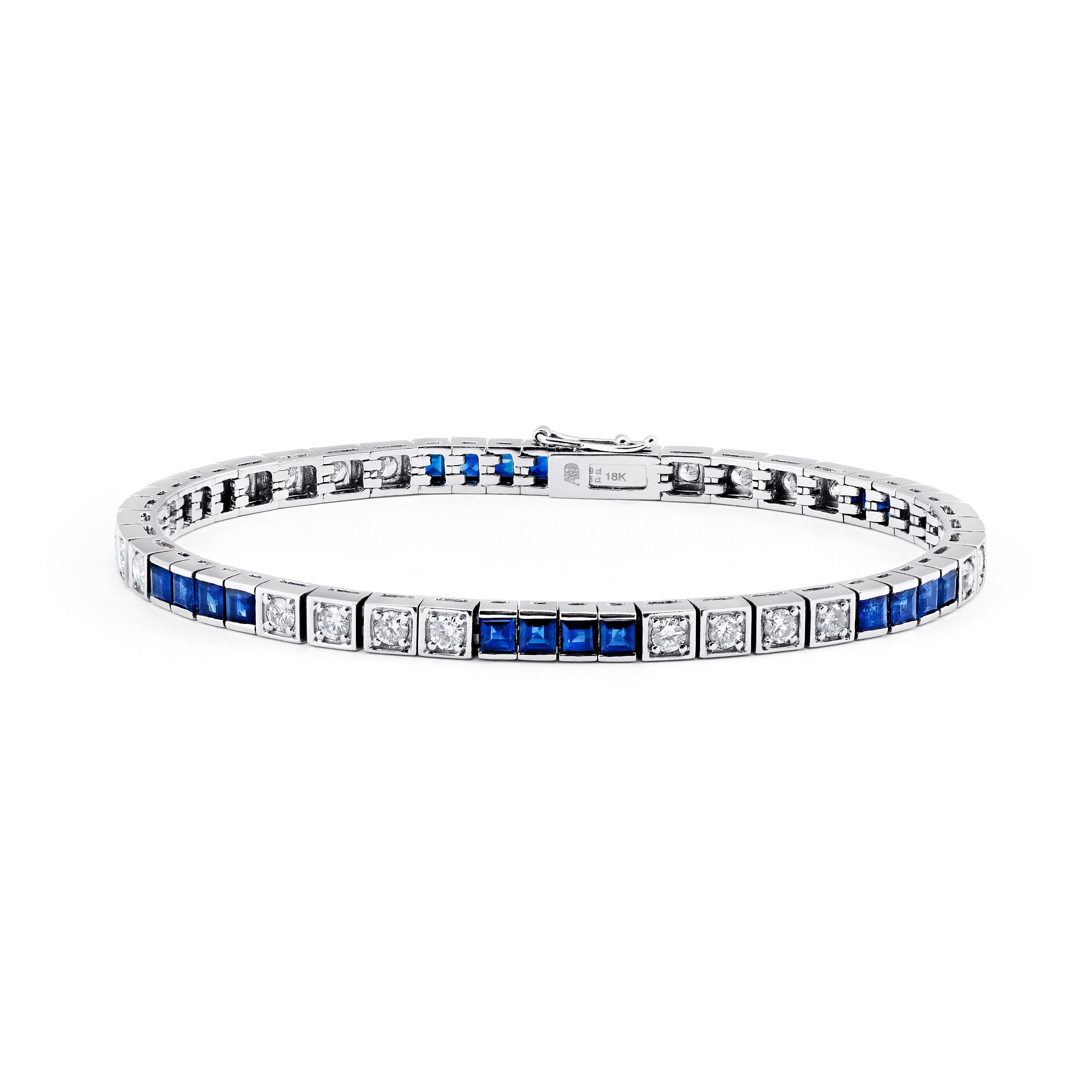 Princess Blue Sapphire Round Diamond 5.6 TCW White Gold Tennis Bracelet