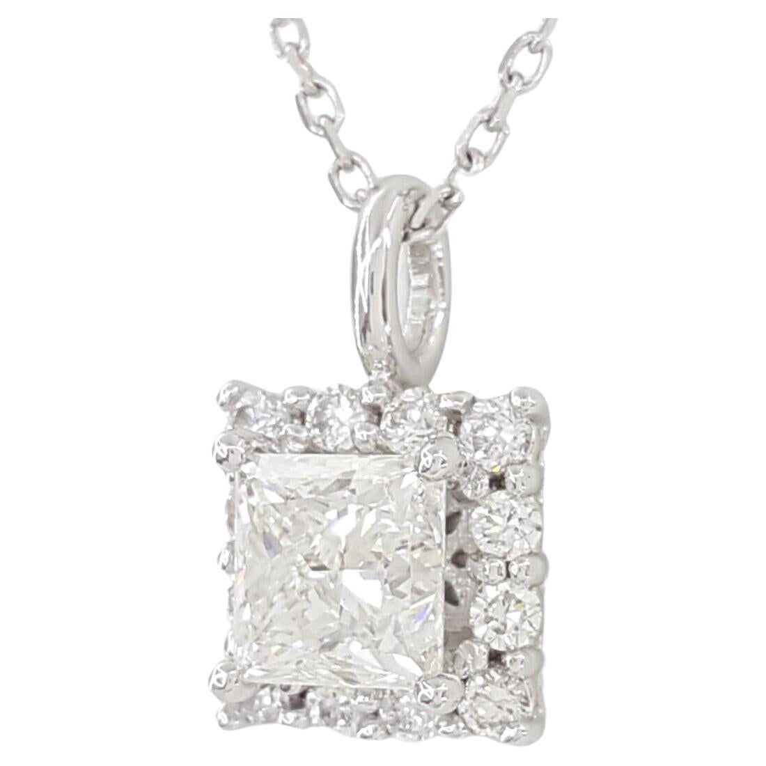 Modern Princess Brilliant Cut Diamond Halo Necklace For Sale