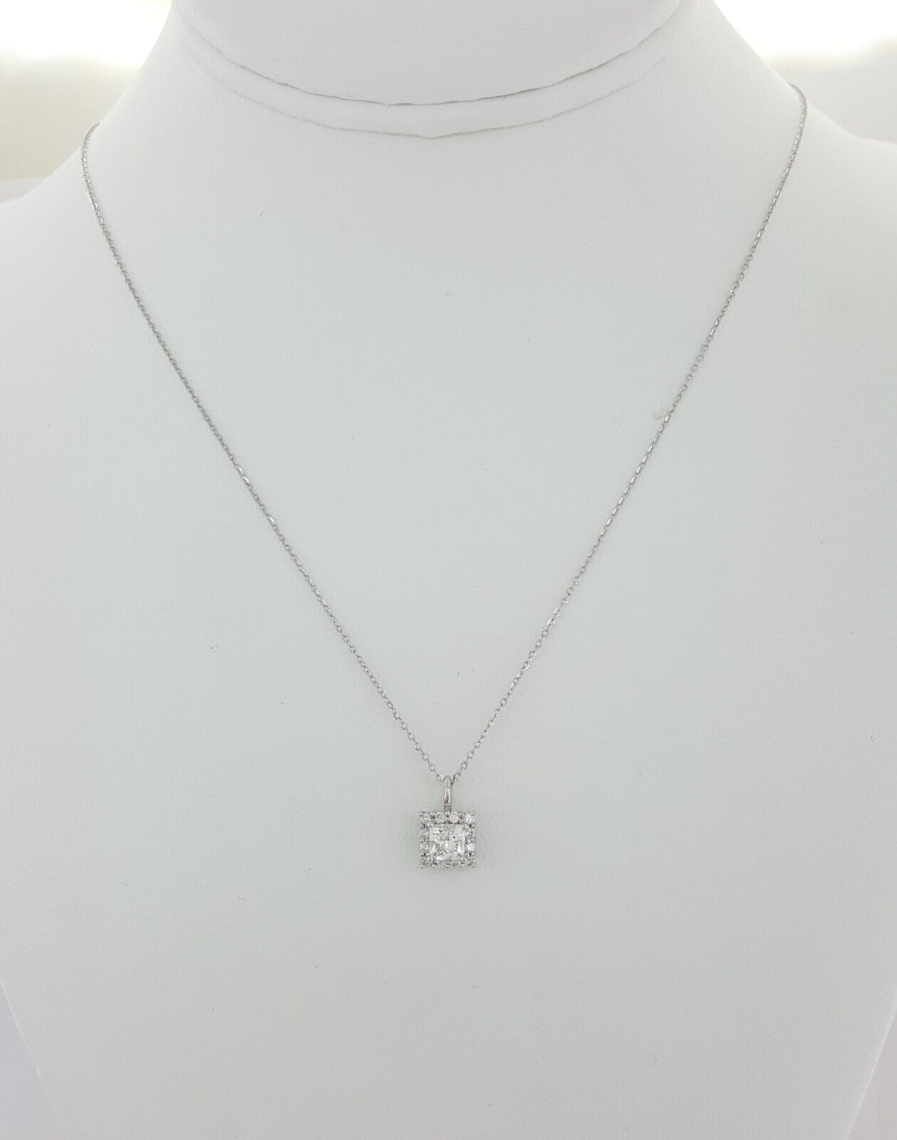 1.01 ct Total Weight Princess Brilliant Cut Diamond Halo Pendant Necklace, crafted in elegant 14K white gold—a timeless piece designed to adorn you with grace and sophistication.

This exquisite pendant, accompanied by an adjustable 16-18-inch