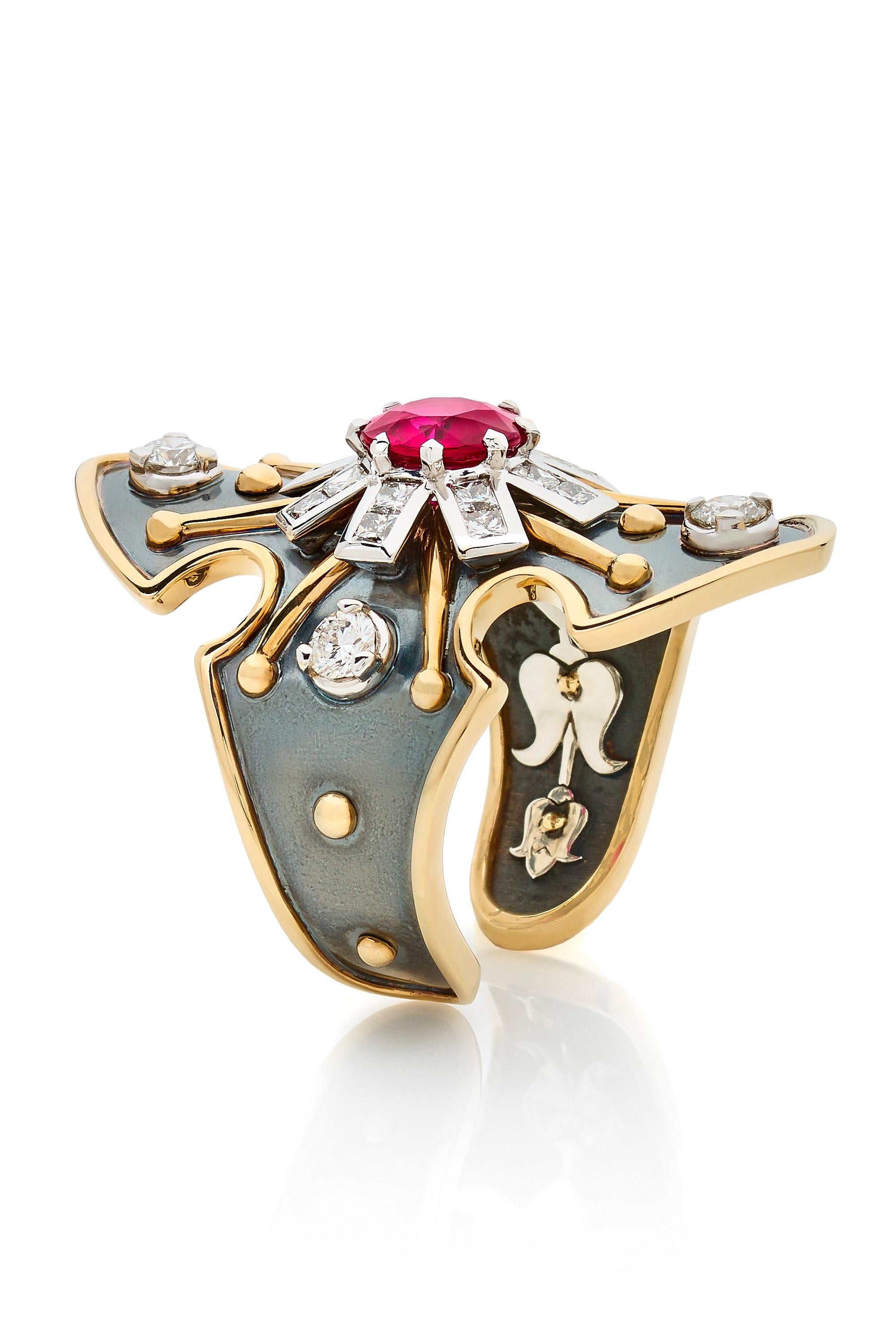 Neoclassical Princess Burmese Ruby & Diamonds Bouclier Ring 18k Gold by Elie Top