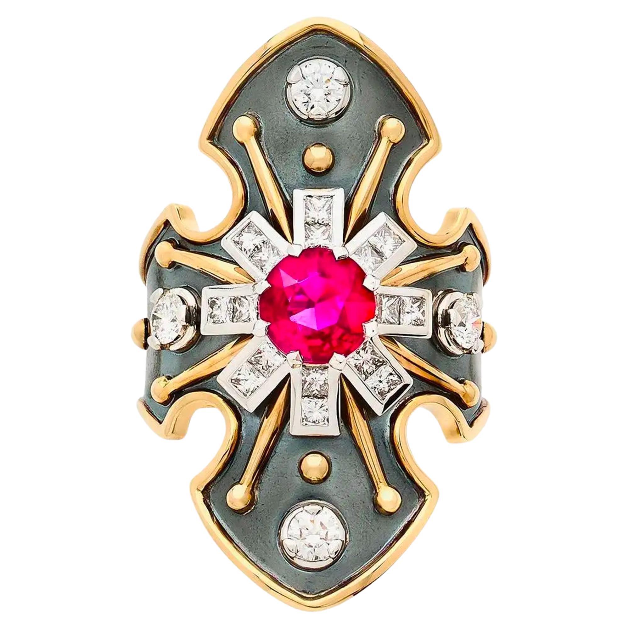 Princess Burmese Ruby & Diamonds Bouclier Ring 18k Gold by Elie Top